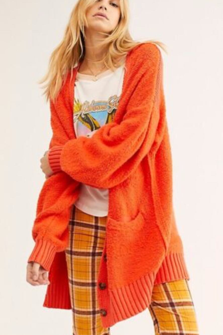 Free People Orange Snow Drop Knit Button-Up Oversized V-Neck Cardigan Sweater S